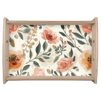 Orange Watercolor Flowers Botanical Painting Serving Tray