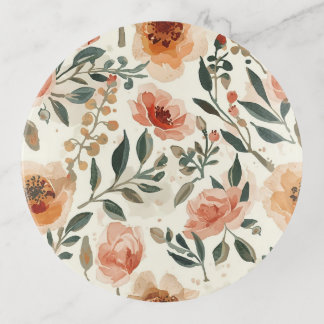 Orange Watercolor Flowers Botanical Painting Trinket Tray