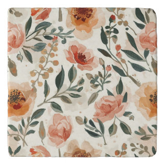 Orange Watercolor Flowers Botanical Painting Trivet