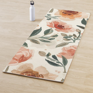 Orange Watercolor Flowers Botanical Painting Yoga Mat