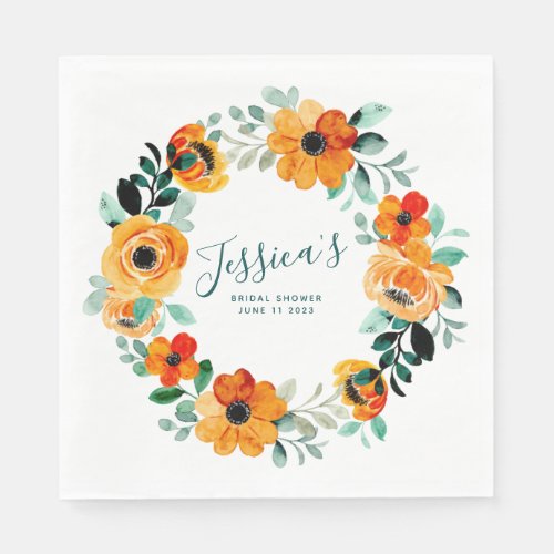 Orange Watercolor Flowers Custom Bridal Shower Napkins