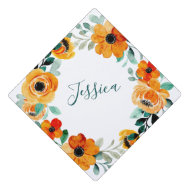 Orange Watercolor Flowers Custom Graduation Cap Topper