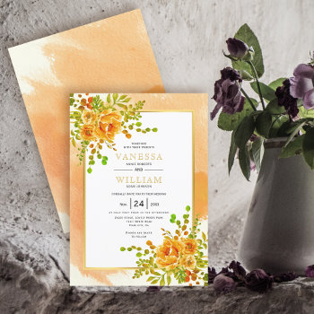 Orange Watercolor Flowers Floral Wedding Invitation by weddings_ at Zazzle