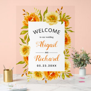 Orange watercolor flowers floral wedding welcome acrylic sign