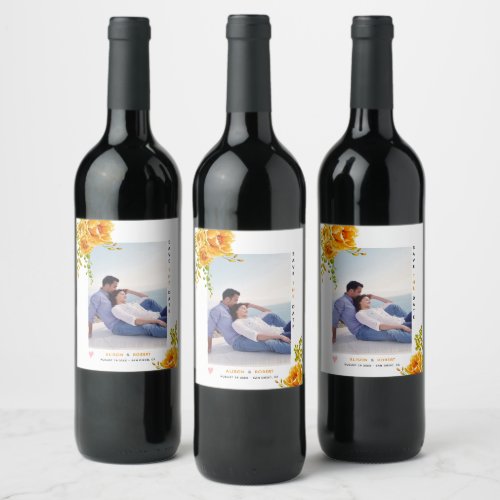 Orange watercolor flowers green leaves and photo wine label