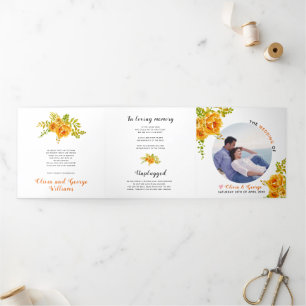 Orange watercolor flowers green leaves, photo Tri-Fold program