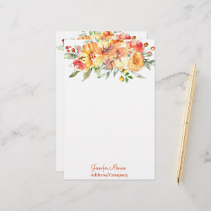 Orange watercolor flowers personalized stationery