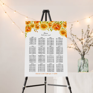 Orange watercolor flowers wedding seating chart foam board
