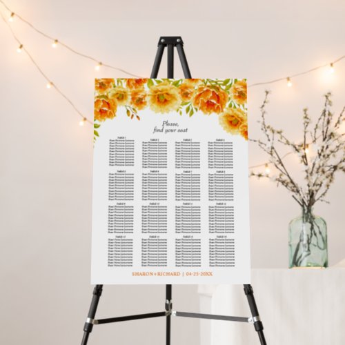 Orange watercolor flowers wedding seating chart foam board