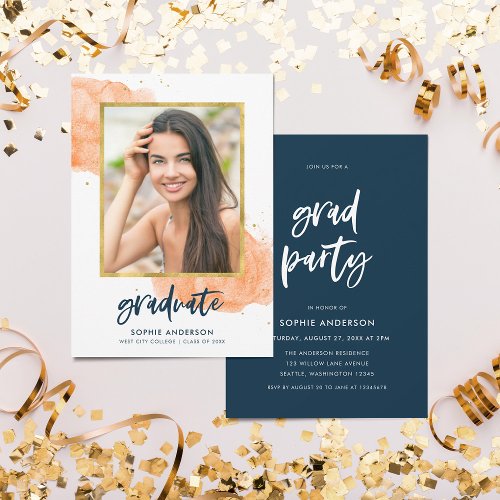 Orange Watercolor Gold Photo Graduate Grad Party Invitation