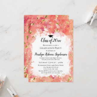 Orange Watercolor Gold Splatter Graduation Party Invitation