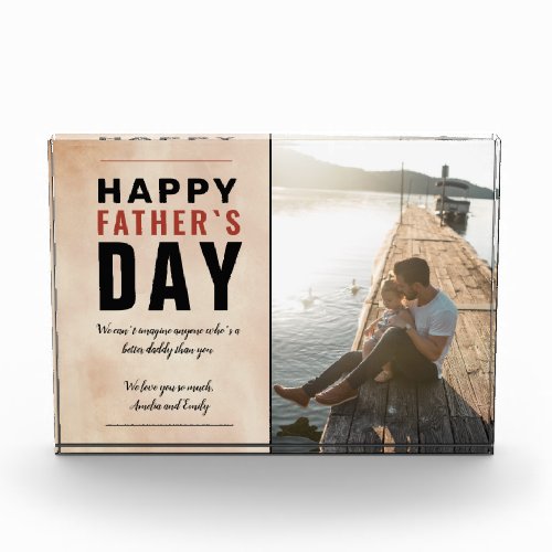 Orange Watercolor Happy Father`s Day Photo Block - Orange Watercolor Happy Father`s Day Photo Block. Text and names are on a blush orange watercolor background. The text is in trendy typography. Add your photo and customize the message and names. A sweet and modern photo plaque for a dad or a grandfather for Father`s day or birthday.