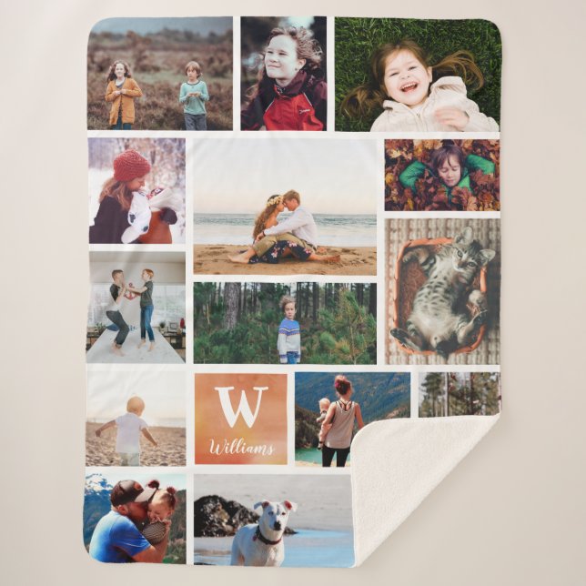 Orange Watercolor Large Photo Collage Sherpa Blanket (Front)