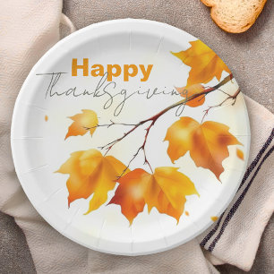 Orange Watercolor Maple Leaf Thanksgiving Paper Plates