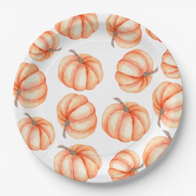  Orange Watercolor Pattern Pumpkin Halloween Fall  Paper Plates (Front)