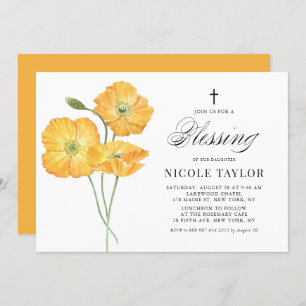 Orange Watercolor Poppies Floral Baby Blessing Invitation