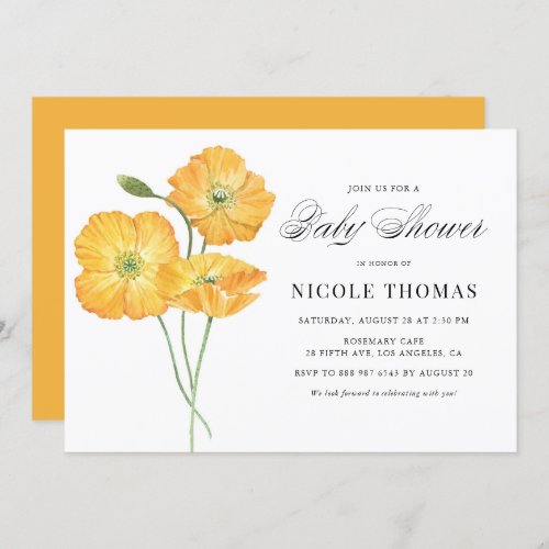 Orange Watercolor Poppies Floral Baby Shower Invitation