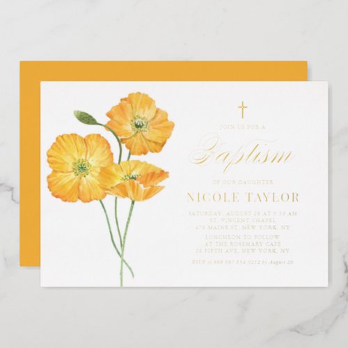 Orange Watercolor Poppies Floral Summer Baptism Foil Invitation