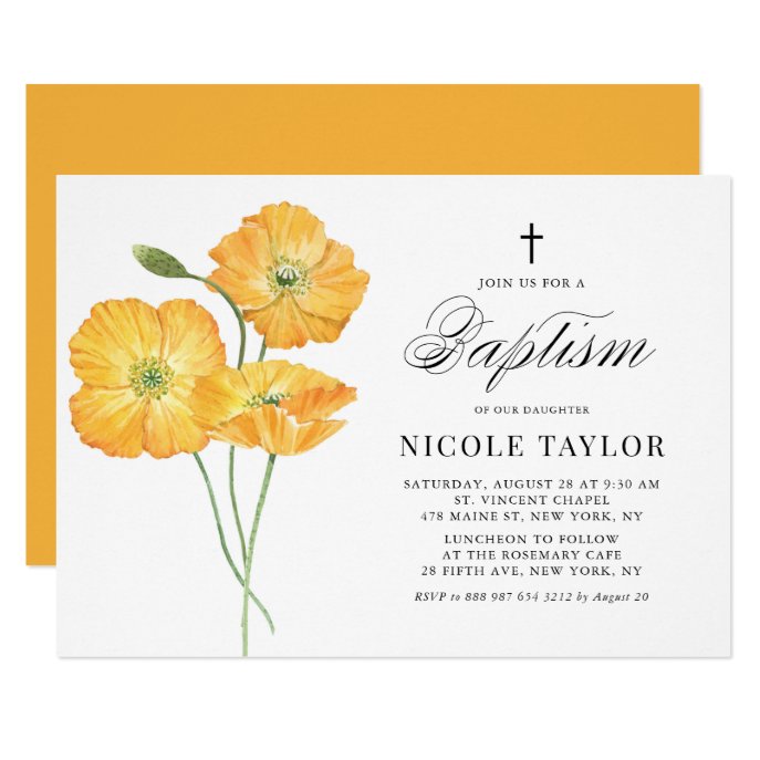 Orange Watercolor Poppies Floral Summer Baptism Invitation