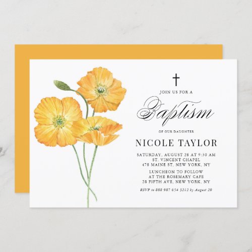 Orange Watercolor Poppies Floral Summer Baptism Invitation