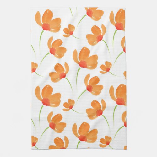 Orange Watercolor Poppies Pattern Kitchen Towel