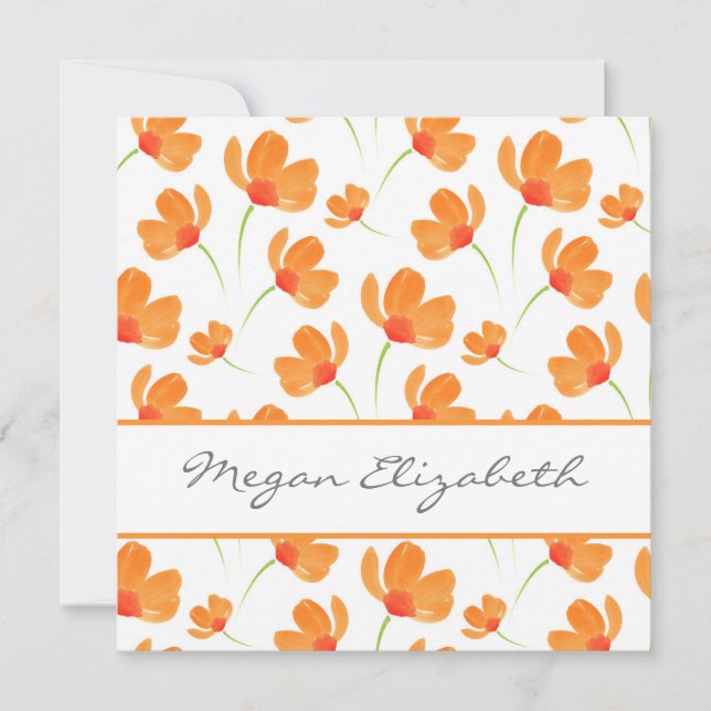 Orange Watercolor Poppies Pattern Note Card (Front)