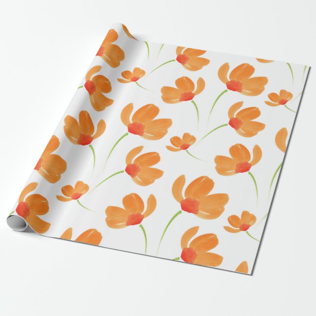 Orange Watercolor Poppies Pattern Wrapping Paper (Unrolled)