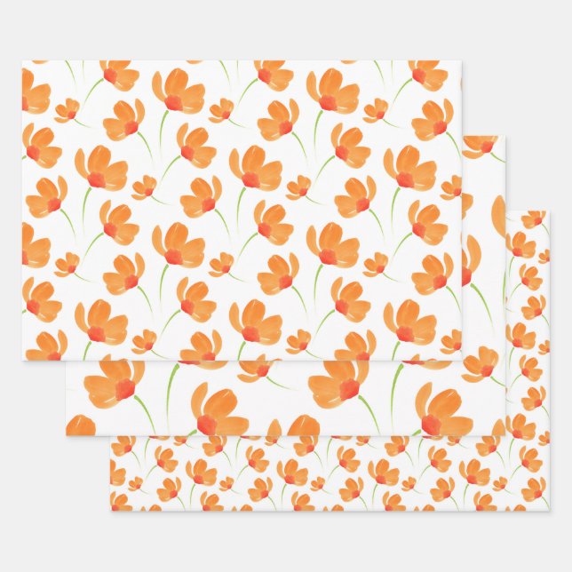Orange Watercolor Poppies Pattern Wrapping Paper Sheets (Set)