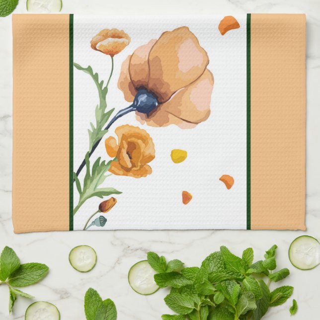 Orange watercolor poppy  kitchen towel (Folded)
