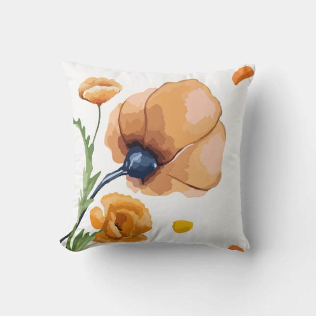 Orange watercolor poppy throw pillow (Front)