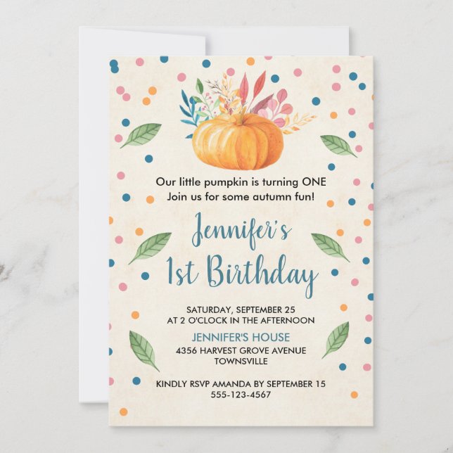 Orange Watercolor Pumpkin Birthday Invitation (Front)