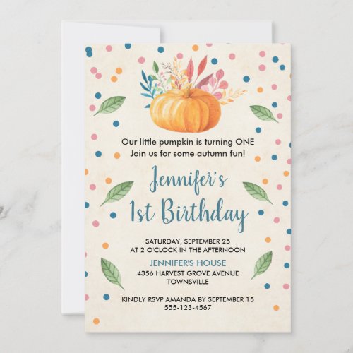 Orange Watercolor Pumpkin Birthday Invitation