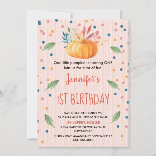 orange Watercolor Pumpkin Birthday Invitation