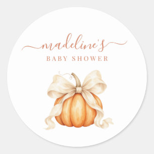 Orange Watercolor Pumpkin Bow Baby Shower Classic Round Sticker