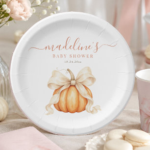 Orange Watercolor Pumpkin Bow Neutral Baby Shower Paper Plates