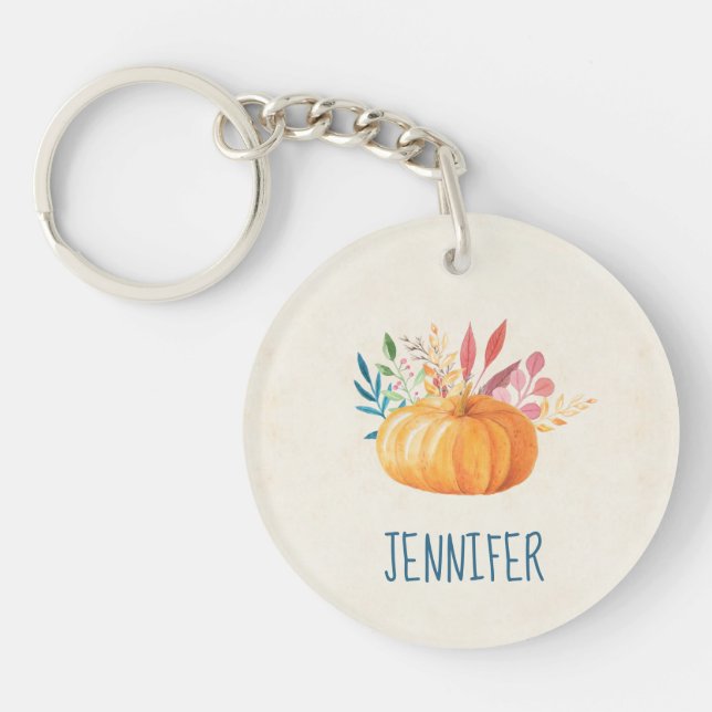 Orange Watercolor Pumpkin Fall Season Keychain (Front)
