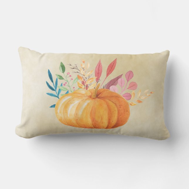 Orange Watercolor Pumpkin Fall Season Lumbar Pillow (Front)