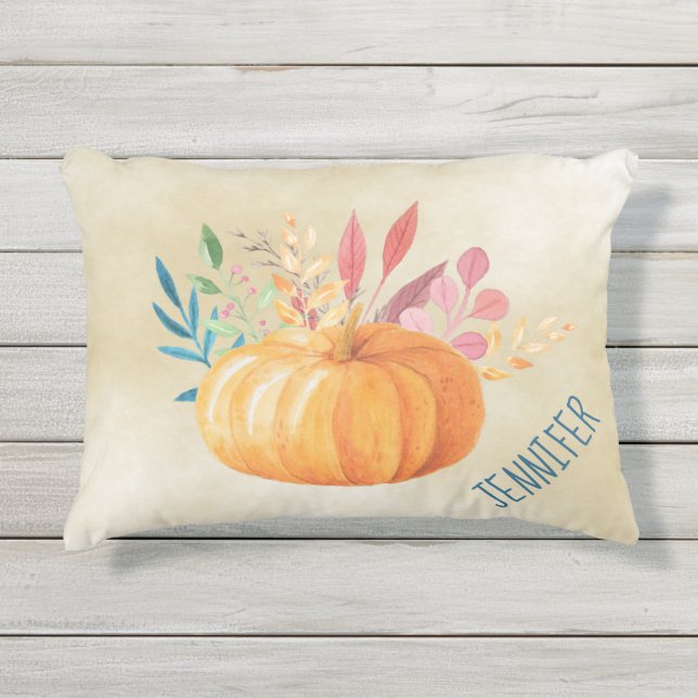 Orange Watercolor Pumpkin Fall Season Outdoor Pillow (Front)