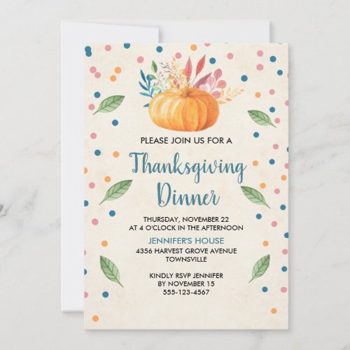 Orange Watercolor Pumpkin Thanksgiving Dinner Invitation