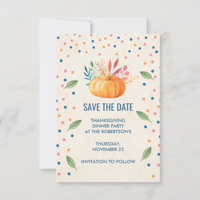 Orange Watercolor Pumpkin with Confetti Save The Date (Front)