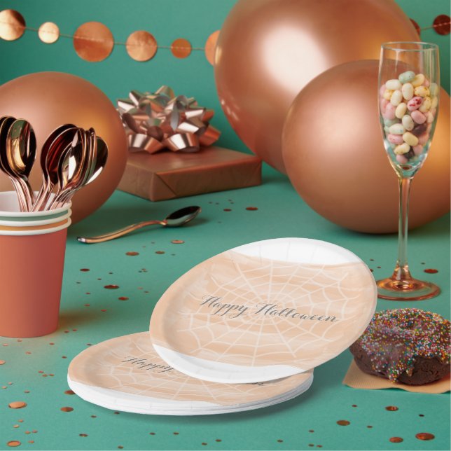 Orange Watercolor Spider Web Halloween Paper Plates (Multi)