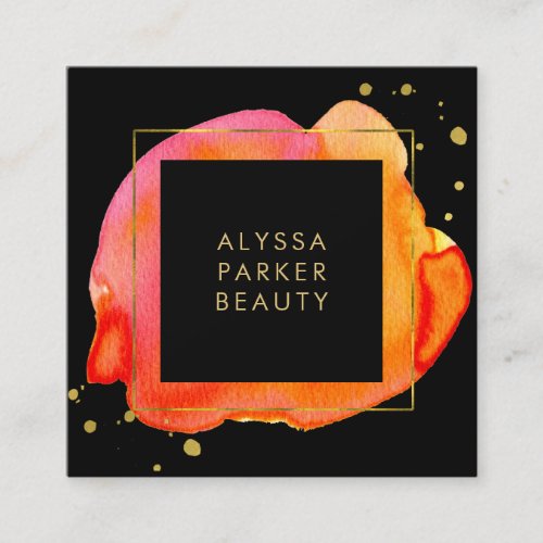 Orange Watercolor Splash on Black with Gold Square Business Card