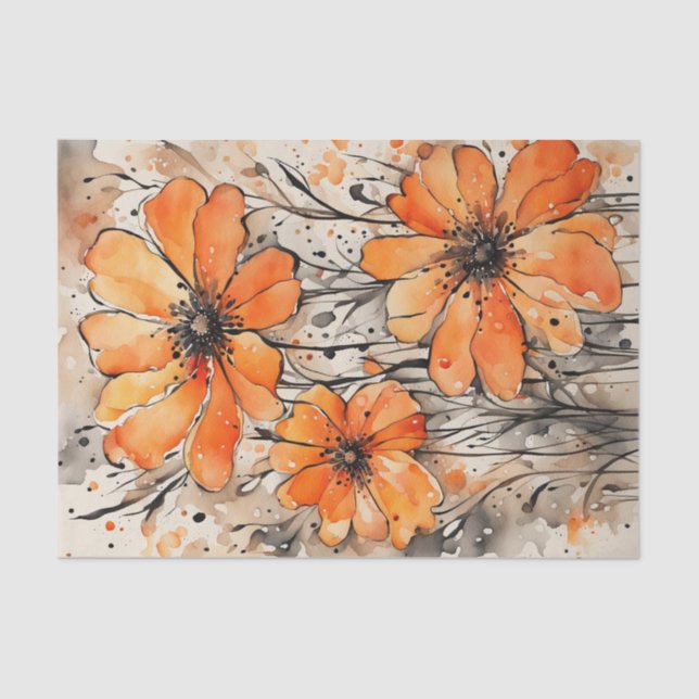 Orange Watercolor Spring Flowers Decoupage Tissue Paper (Front)