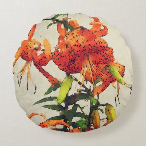 Orange Watercolor Tiger Lily 1 Round Pillow