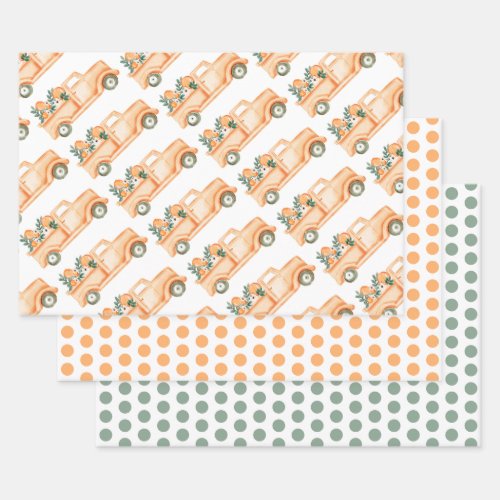 Orange Watercolor Truck Green Polka Dots White Wrapping Paper Sheets