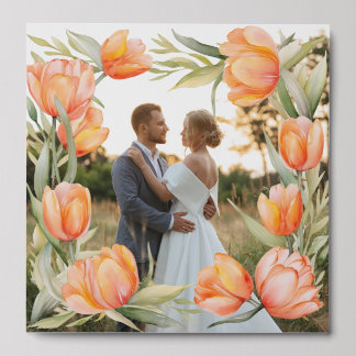 Orange Watercolor Tulips Border Couple Wedding Peel And Stick Photo Tile