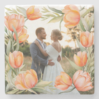 Orange Watercolor Tulips Border Couple Wedding Stone Coaster