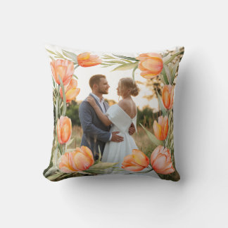 Orange Watercolor Tulips Border Couple Wedding Throw Pillow