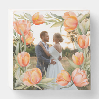 Orange Watercolor Tulips Border Couple Wedding Wooden Box Sign