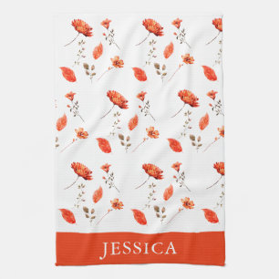 Orange Watercolor Wildflower Name Kitchen Towel